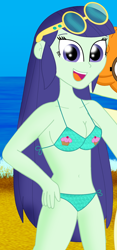 Size: 1962x4191 | Tagged: safe, artist:cyber-murph, derpibooru import, blueberry cake, scribble dee, equestria girls, background human, beach, belly button, bikini, breasts, busty blueberry cake, cleavage, clothes, cropped, female, midriff, solo, solo female, solo focus, sunglasses, swimsuit