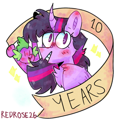 Size: 961x946 | Tagged: safe, artist:redrose26, derpibooru import, spike, twilight sparkle, twilight sparkle (alicorn), alicorn, dragon, mlp fim's tenth anniversary