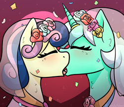 Size: 3000x2599 | Tagged: safe, artist:cornelia_nelson, derpibooru import, bon bon, lyra heartstrings, sweetie drops, earth pony, pony, unicorn, female, kissing, lesbian, lyrabon, marriage, mlp fim's tenth anniversary, shipping