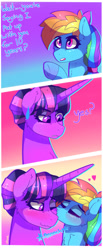 Size: 910x2208 | Tagged: safe, artist:aaa-its-spook, derpibooru import, rainbow dash, twilight sparkle, alicorn, pegasus, pony, alternate hairstyle, annoyed, blushing, cheek fluff, comic, cute, dashabetes, dialogue, eyelashes, eyes closed, female, floating heart, hair bun, heart, horn, kiss on the cheek, kissing, lesbian, long horn, mlp fim's tenth anniversary, neck fluff, one eye closed, onomatopoeia, ponytail, sarcasm, shipping, smooch, sound effects, twiabetes, twidash, wavy mouth