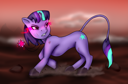 Size: 2445x1605 | Tagged: safe, artist:gunkye, derpibooru import, twilight sparkle, oc, unicorn, alternate cutie mark, alternate design, alternate universe, broken horn, element of magic, horn, scar, solo, sparking horn