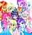 Size: 1801x1908 | Tagged: safe, artist:liaaqila, derpibooru import, applejack, derpy hooves, fluttershy, pinkie pie, rainbow dash, rarity, starlight glimmer, sunset shimmer, trixie, twilight sparkle, equestria girls, :p, beanie, clothes, commission, cute, dashabetes, derpabetes, diapinkes, diatrixes, dress, eyeshadow, female, glimmerbetes, grin, hat, humane five, humane seven, humane six, jackabetes, jeans, makeup, open mouth, pants, raribetes, salute, shimmerbetes, shirt, shyabetes, simple background, skirt, smiling, tanktop, tongue out, traditional art, twiabetes, white background