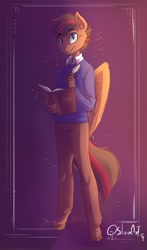 Size: 1291x2200 | Tagged: safe, artist:siliciaart, derpibooru import, oc, oc only, anthro, pegasus, unguligrade anthro, book, clothes, commission, looking at you, male, pants, quill pen, smiling, smiling at you, solo, sweater