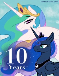 Size: 2550x3300 | Tagged: safe, artist:inkrose98, derpibooru import, princess celestia, princess luna, alicorn, pony, cloud, crown, female, jewelry, mlp fim's tenth anniversary, regalia, royal sisters, siblings, sisters, sky