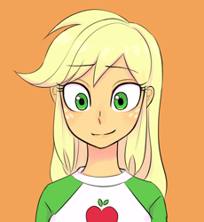 Size: 1116x1215 | Tagged: safe, artist:haibaratomoe, derpibooru import, applejack, equestria girls, cute, jackabetes, orange background, simple background, solo