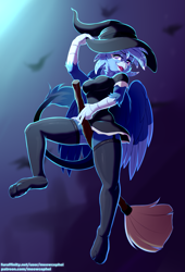 Size: 1295x1900 | Tagged: safe, artist:meowcephei, derpibooru import, oc, anthro, griffon, anthro oc, broom, clothes, commission, costume, dress, female, females only, flying, halloween, halloween costume, hat, holiday, night, sketch, stockings, thigh highs, wings, witch, witch hat, ych result