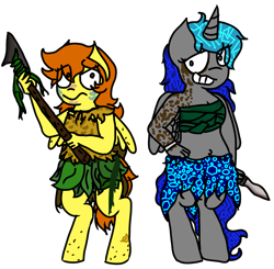 Size: 3000x2940 | Tagged: safe, artist:raypanda, derpibooru import, oc, oc only, alicorn, anthro, pegasus, unguligrade anthro, alicorn oc, duo, grin, horn, knife, pegasus oc, simple background, smiling, spear, transparent background, weapon, wings