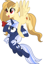 Size: 4363x6455 | Tagged: safe, artist:pumpkinpieforlife, derpibooru import, oc, oc only, oc:alice goldenfeather, oc:silverlay, pegasus, pony, unicorn, absurd resolution, female, holding a pony, mare, simple background, transparent background, vector