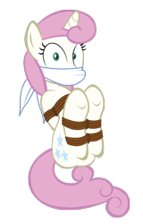 Size: 592x925 | Tagged: safe, artist:radiantrealm, derpibooru import, edit, twinkleshine, pony, unicorn, bondage, bound and gagged, cloth gag, damsel in distress, gag, kidnapped, rope, rope bondage, simple background, solo, tied up, transparent background, underhoof