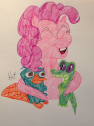 Size: 1504x2021 | Tagged: safe, artist:hazeltail55, derpibooru import, gummy, pinkie pie, earth pony, pony, crossover, cute, eyes closed, perry the platypus, phineas and ferb, traditional art