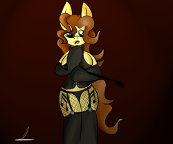 Size: 3000x2500 | Tagged: safe, artist:almaustral, derpibooru import, oc, oc only, oc:billy rose, earth pony, semi-anthro, both cutie marks, breasts, clothes, cutie mark, earth pony oc, fishnet stockings, riding crop, signature, solo, underwear
