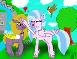 Size: 1280x985 | Tagged: safe, artist:profyurko, derpibooru import, silverstream, oc, oc:yutaka deo, bird, classical hippogriff, hippogriff, banana wings, birb, cave, cloud, deostream, digital art, flower, happy, heart, hippogriff oc, jewelry, necklace, petting, rock, shipping, tree, waterfall