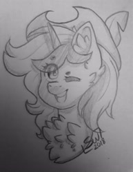 Size: 3072x3975 | Tagged: safe, artist:silentwolf-oficial, derpibooru import, oc, oc only, pony, unicorn, bust, chest fluff, hat, horn, lineart, monochrome, one eye closed, open mouth, signature, smiling, solo, traditional art, unicorn oc, wink