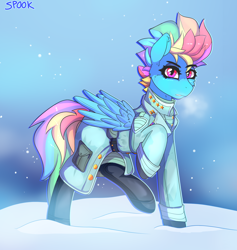 Size: 1676x1766 | Tagged: safe, artist:aaa-its-spook, derpibooru import, rainbow dash, pegasus, pony, clothes, fallout, female, snow, solo, uniform