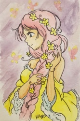 Size: 1277x1923 | Tagged: safe, artist:officiallemonpi, derpibooru import, fluttershy, butterfly, human, alternate hairstyle, braid, clothes, cute, dress, female, floral head wreath, flower, flower in hair, humanized, off shoulder, profile, shyabetes, solo, traditional art, yellow dress