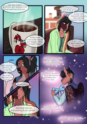 Size: 3472x4911 | Tagged: safe, artist:blackblood-queen, derpibooru import, oc, oc only, oc:daniel dasher, oc:lady lovegreen, anthro, dracony, dragon, hybrid, pony, unguligrade anthro, comic:be there, anthro oc, blaze (coat marking), bow, clothes, coffee, coffee cup, comic, cup, dialogue, digital art, fangs, female, floppy ears, male, mare, mother and child, mother and son, parent and child, sitting, slit eyes, sofa, speech bubble, stallion