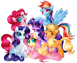 Size: 1782x1467 | Tagged: safe, artist:andypriceart, artist:kimmyartmlp, derpibooru import, applejack, fluttershy, pinkie pie, rainbow dash, rarity, twilight sparkle, unicorn twilight, earth pony, pegasus, pony, unicorn, cute, female, looking at you, lying down, mane six, mane six opening poses, mare, mlp fim's tenth anniversary, one eye closed, open mouth, prone, raised hoof, simple background, sitting, smiling, transparent background, wings, wink