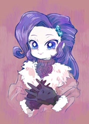 Size: 938x1312 | Tagged: safe, artist:osawari64, derpibooru import, rarity, equestria girls, bust, clothes, cute, female, gloves, jacket, looking at you, purple background, raribetes, simple background, smiling, solo, sweater, winter outfit