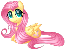 Size: 920x710 | Tagged: safe, artist:andypriceart, artist:kimmyartmlp, derpibooru import, fluttershy, pegasus, pony, cute, female, folded wings, looking at you, lying down, mare, ponyloaf, prone, shyabetes, signature, simple background, smiling, solo, transparent background, wings