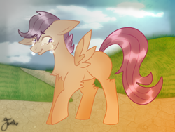 Size: 800x600 | Tagged: safe, artist:junko, derpibooru import, scootaloo, pegasus, pony, angst, blank flank, chest fluff, crying, female, filly, floppy ears, frown, mare, one wing out, paint tool sai, raised hoof, sad, signature, solo, teary eyes, wings