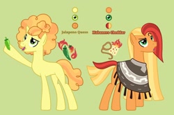 Size: 1920x1275 | Tagged: safe, artist:sir-psych0-s3xy, derpibooru import, oc, oc only, oc:habanero cheddar, oc:jalapeno queso, earth pony, pony, unicorn, base used, brothers, clothes, food, green background, jalapeño, male, offspring, parent:cheese sandwich, parent:pinkie pie, parents:cheesepie, pepper, poncho, siblings, simple background, stallion