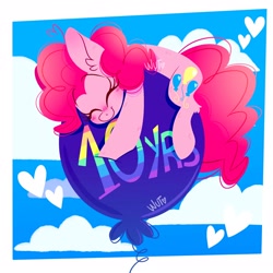 Size: 2048x2048 | Tagged: safe, artist:wutanimations, derpibooru import, pinkie pie, earth pony, pony, balloon, cloud, cute, diapinkes, ear fluff, eyes closed, female, floating, heart, high res, lying down, mare, mlp fim's tenth anniversary, prone, sky, smiling, solo, then watch her balloons lift her up to the sky