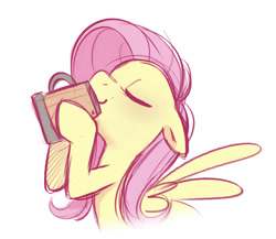 Size: 1358x1181 | Tagged: safe, artist:imalou, derpibooru import, fluttershy, pegasus, pony, chugging, cider, cider mug, drawthread, drinking, eyes closed, female, floppy ears, mare, mug, requested art, simple background, solo, white background