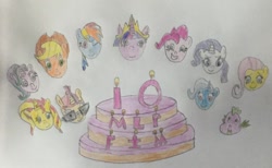 Size: 1280x786 | Tagged: safe, artist:jwwprod, derpibooru import, applejack, fluttershy, pinkie pie, rainbow dash, rarity, spike, twilight sparkle, dragon, earth pony, pegasus, pony, unicorn, anniversary, anniversary art, cake, food, happy 10th anniverary mlp: fim, mane seven, mane six, mlp fim's tenth anniversary, traditional art