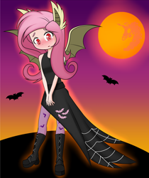 Size: 2600x3100 | Tagged: safe, artist:caoscore, derpibooru import, fluttershy, bat pony, human, bat ponified, blushing, boots, clothes, costume, eared humanization, fake ears, fake wings, flutterbat, flutterbat costume, halloween, holiday, humanized, mare in the moon, moon, race swap, shoes, stockings, thigh highs, winged humanization, wings