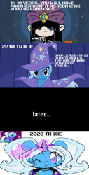 Size: 1024x2015 | Tagged: safe, artist:mega-poneo, derpibooru import, edit, edited screencap, screencap, trixie, human, pony, unicorn, boast busters, alternate hairstyle, babysitter trixie, cape, clothes, comic, crossover, dialogue, female, game screencap, gameloft interpretation, hand, hat, hoodie, lucy loud, magic, magic hands, mare, meme, mlp fim's tenth anniversary, one eye closed, screencap comic, the loud house, trixie's cape, trixie's hat, wink