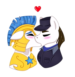 Size: 1799x1838 | Tagged: safe, artist:acuteapoot, derpibooru import, oc, oc only, oc:broadshield, oc:rough seas, earth pony, pegasus, pony, armor, blushing, brothers, cap, clothes, eyes closed, floppy ears, gay, hat, heart, helmet, incest, kissing, male, royal guard, shirt, siblings, simple background, stallion, transparent background