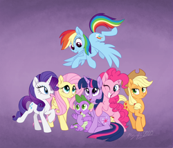 Size: 2000x1710 | Tagged: safe, artist:maybehawthorn, derpibooru import, applejack, fluttershy, pinkie pie, rainbow dash, rarity, spike, twilight sparkle, unicorn twilight, dragon, earth pony, pegasus, pony, unicorn, cute, female, male, mane seven, mane six, mare, mlp fim's tenth anniversary, one eye closed, open mouth, purple background, simple background, sitting, smiling