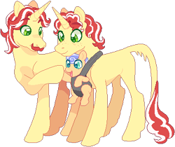 Size: 379x318 | Tagged: safe, artist:atlantropa, derpibooru import, flam, flim, oc, oc:ruby rhapsody, pony, unicorn, baby, baby carrier, baby pony, father and child, father and daughter, female, filly, hoofbump, leonine tail, male, missing cutie mark, offspring, parent and child, parent:flim, parent:sapphire shores, simple background, transparent background, uncle and niece