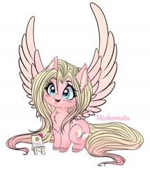 Size: 1566x1818 | Tagged: safe, artist:tawnysweet, artist:tawnysweetarts, derpibooru import, oc, oc only, oc:mio, pegasus, pony, cheek fluff, chest fluff, chibi, cute, female, freckles, large wings, mare, simple background, solo, spread wings, unshorn fetlocks, white background, wings