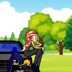 Size: 768x768 | Tagged: safe, artist:thatradhedgehog, derpibooru import, sunset shimmer, equestria girls, chevrolet chevette, female, lesbian, raven (teen titans), shimrav, teen titans