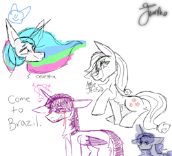 Size: 1100x1000 | Tagged: safe, artist:junko, derpibooru import, applejack, princess celestia, princess luna, twilight sparkle, alicorn, earth pony, pony, bleeding eyes, blood, colored sketch, creepypasta, crying, ethereal mane, meme, parody, signature, simple background, sketch, sketch dump, tears of blood, white background, you're going to brazil