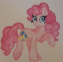 Size: 284x280 | Tagged: safe, artist:chewy-tartz, derpibooru import, pinkie pie, earth pony, pony, female, mare, pink coat, pink mane, pink tail, raised hoof, simple background, smiling, solo, traditional art, white background