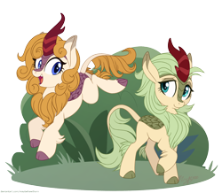 Size: 1616x1406 | Tagged: safe, artist:maybehawthorn, derpibooru import, oc, oc only, oc:flash point, oc:sage song, kirin, cute, duo, female, jungle, kirin oc, leaping, looking at each other, mare, ocbetes, signature, simple background, smiling, transparent background