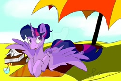 Size: 1280x854 | Tagged: safe, artist:jynsherlock, derpibooru import, twilight sparkle, twilight sparkle (alicorn), alicorn, pony, beach, book, deviantart watermark, drink, female, lying down, mare, obtrusive watermark, prone, signature, smiling, solo, spread wings, towel, umbrella, watermark, wings