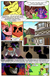 Size: 1800x2740 | Tagged: safe, artist:candyclumsy, derpibooru import, king sombra, oc, oc:candy clumsy, oc:king speedy hooves, oc:queen galaxia, oc:tommy the human, alicorn, earth pony, pegasus, pony, unicorn, comic:attack on an alicorn, alicorn oc, alleyway, blanket, building, canterlot, child, children, cloaked, colt, comic, commissioner:bigonionbean, covering, cuddling, cute, dawwww, dialogue, evil, evil grin, father and child, father and son, female, flashback, foal, fusion, fusion:king speedy hooves, fusion:queen galaxia, grin, happy, help, hooded cape, horn, houses, hug, husband and wife, kids, kissing, magic, male, mare, mother and child, mother and son, mysterious, nuzzling, parent and child, park, random ponies, random pony, sketch, smiling, snuggling, stallion, town, trash, village, wings, writer:bigonionbean
