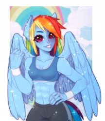 Size: 1250x1450 | Tagged: safe, artist:emmarainbow13, derpibooru import, rainbow dash, human, abs, breasts, cleavage, clothes, cloud, eared humanization, female, grin, humanized, pony coloring, rainbow, shorts, signature, sky, smiling, solo, sports bra, sports shorts, tailed humanization, winged humanization, wings, wristband
