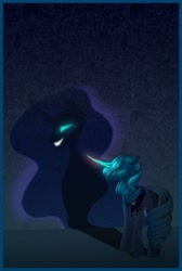 Size: 1024x1528 | Tagged: safe, artist:stormcloud-yt, derpibooru import, nightmare moon, princess luna, alicorn, pony, crying, dark side, duality, evil grin, glowing eyes, glowing horn, grin, horn, shadow, smiling