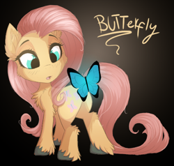 Size: 500x476 | Tagged: safe, artist:a-lunar-eclipse, derpibooru import, fluttershy, butterfly, earth pony, pony, blushing, butt, cheek fluff, chest fluff, ear fluff, female, mare, open mouth, plot, pun, race swap, unshorn fetlocks, yellow