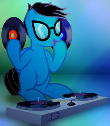 Size: 5772x6600 | Tagged: safe, artist:agkandphotomaker2000, derpibooru import, oc, oc:pony video maker, pegasus, pony, pegasus oc, record, show accurate, simple background, sitting, turntable, vinyl disc, vinyl's glasses, wings