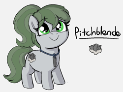 Size: 936x699 | Tagged: safe, artist:heretichesh, derpibooru import, oc, oc:pitchblende, earth pony, pony, ore, rock, smiling, text, uranium, uranium rod