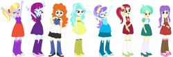 Size: 1687x560 | Tagged: safe, artist:sturk-fontaine, derpibooru import, aqua blossom, cloudy kicks, golden hazel, mystery mint, paisley, rose heart, starlight, tennis match, equestria girls, background human, bases used, fall formal outfits, simple background, white background