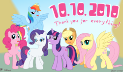 Size: 3900x2300 | Tagged: safe, artist:hiddelgreyk, derpibooru import, applejack, fluttershy, pinkie pie, rainbow dash, rarity, twilight sparkle, unicorn twilight, earth pony, pegasus, pony, unicorn, colored, cutie mark, happy birthday mlp:fim, intro, mane six, mlp fim's tenth anniversary