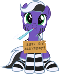 Size: 1683x2085 | Tagged: safe, artist:lightning stripe, derpibooru exclusive, derpibooru import, oc, oc:lightning stripe, earth pony, pony, black and white mane, clothes, cute, eyelashes, female, front view, green eyes, happy birthday mlp:fim, looking at you, mare, mlp fim's tenth anniversary, ocbetes, onomatopoeia, party horn, puffy cheeks, show accurate, sign, simple background, sitting, socks, solo, striped socks, stripes, text, transparent background, two toned mane, two toned tail, vector