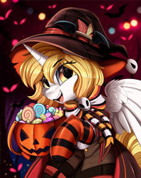 Size: 2550x3209 | Tagged: safe, artist:pridark, derpibooru import, part of a set, oc, oc only, alicorn, pony, alicorn oc, candy, clothes, commission, female, food, halloween, hat, high res, holiday, horn, jack-o-lantern, mare, open mouth, pumpkin, socks, solo, striped socks, wings, witch hat, ych result