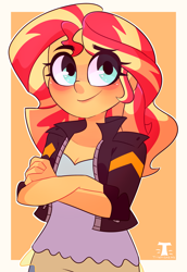 Size: 2827x4100 | Tagged: safe, artist:t-whiskers, derpibooru import, sunset shimmer, equestria girls, clothes, crossed arms, female, high res, jacket, orange background, simple background, smiling, solo